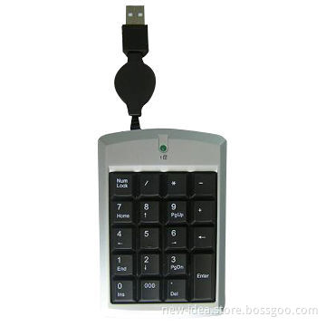 Wired Numerical Keyboard with Retractable Wire, Black Color with Silver Outlines